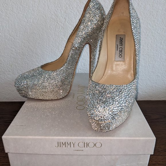 JIMMY CHOO – CUSTOM: SILVER STRASS CRYSTAL PLATFORM PUMP, Size 39 - Picture 4 of 12